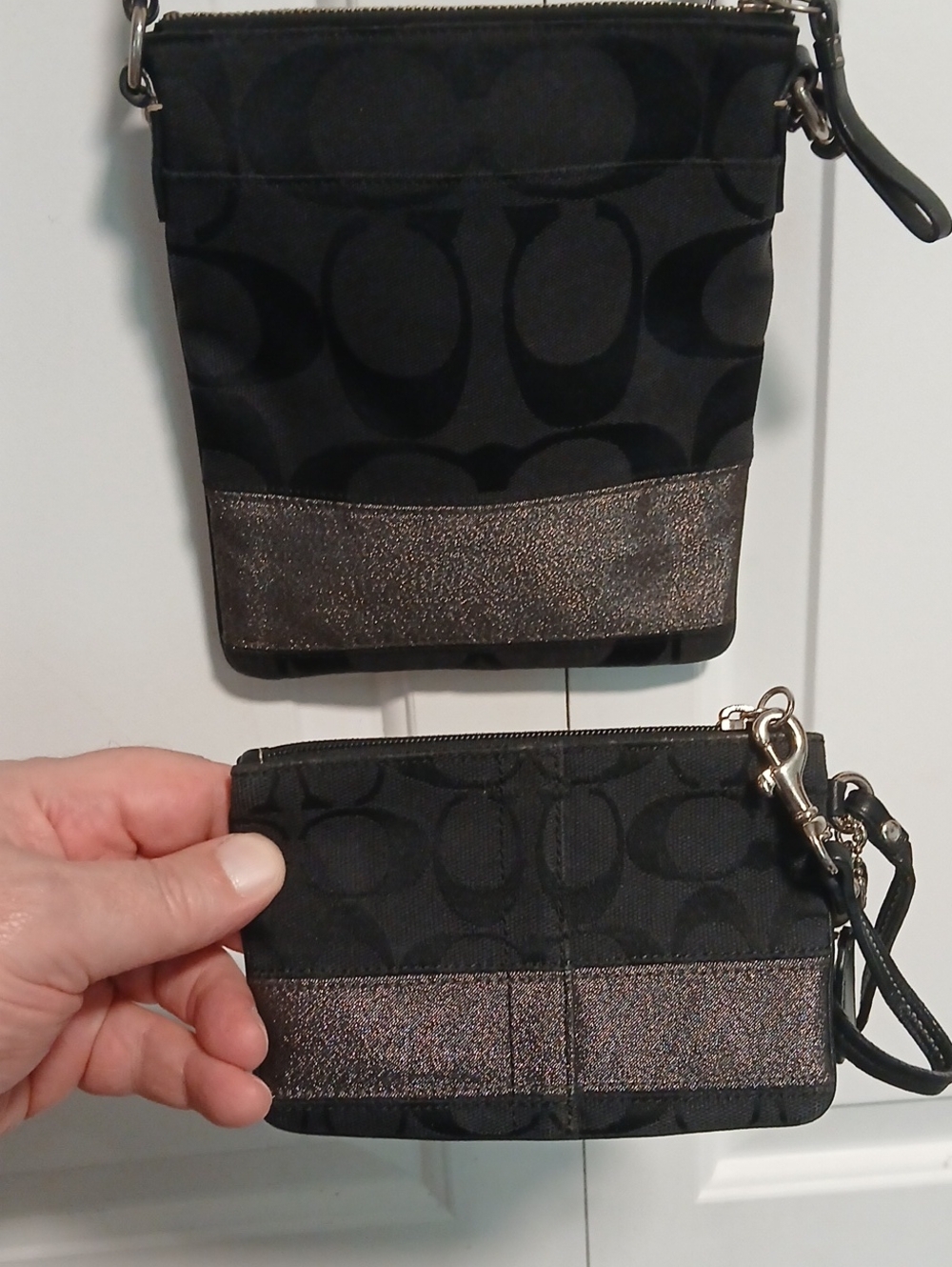 Coach Black Signature Canvas Wristlet and Coin Pouch with Metallic Bronze Accent